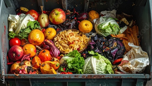 Overflowing Bin Full of Discarded Fresh Fruits and Vegetables.