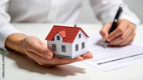 Fotografie Closeup of hand holding house model while signing contract document,real estate