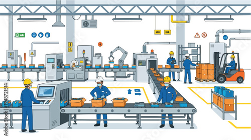 Illustration of workers in blue uniforms operating machinery and working on a production line in a factory with industrial equipment and a forklift.