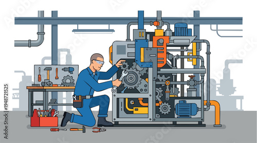 An industrial worker in blue overalls repairing a large industrial machine in a factory with various tools and equipment around him.