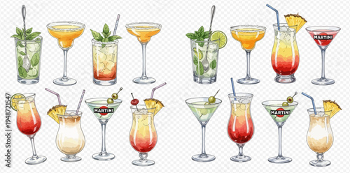 Collection of various refreshing alcoholic and non-alcoholic cocktails in different glasses, perfect for summer parties and celebrations.