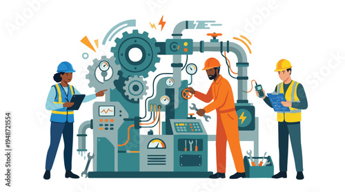 Illustration of industrial workers in safety gear operating and monitoring machinery with a teal color scheme and white background.