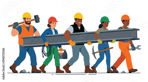Five construction workers of different ethnicities carrying a metal beam and tools in a coordinated line against a clean white background.
