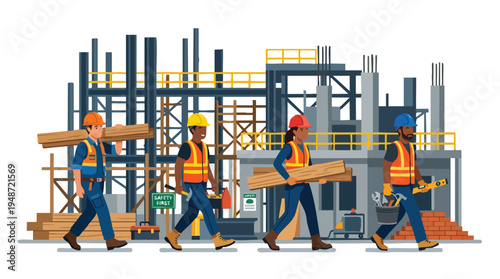 Three construction workers in hard hats and vests carrying planks in front of a building site with metal scaffolding.