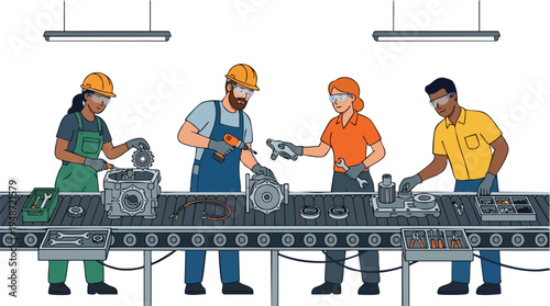 Illustration of diverse workers in hard hats and safety gear working on an assembly line with industrial tools and equipment.