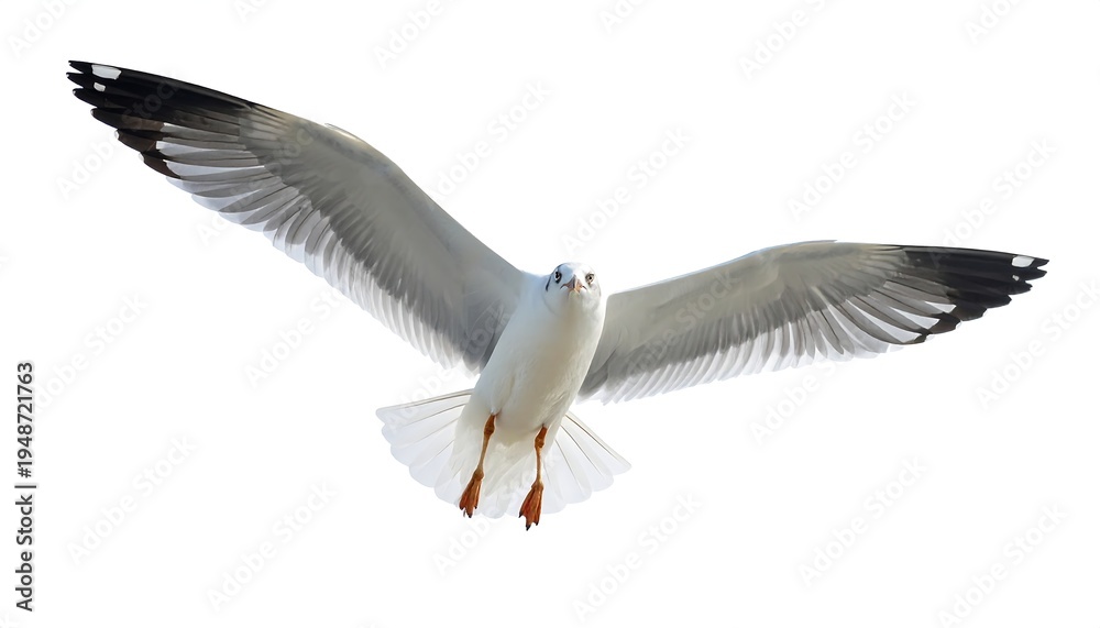 Fototapeta premium A close-up shot of a seabird soaring in mid-flight, wings fully extended against a clean white backdrop