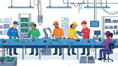 Illustration of diverse workers in hard hats and safety vests working on an assembly line in a factory with various machinery and equipment.