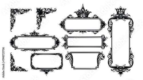 Ornate black and white label and frame designs with crowns and floral patterns for luxury branding and decoration purposes easily customizable