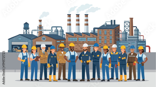 Illustration of diverse industrial workers standing in front of a factory with smokestacks, wearing hard hats and overalls in various colors.