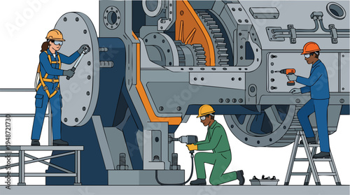 Three industrial workers in safety gear repairing a large industrial machine with tools on a white background.