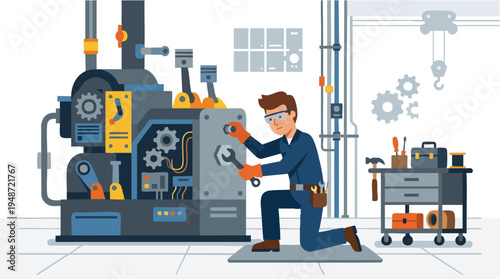 Illustration of a technician kneeling and operating a large industrial machine with safety goggles on in a workshop with a tool cart nearby, against a clean white background with a mix of