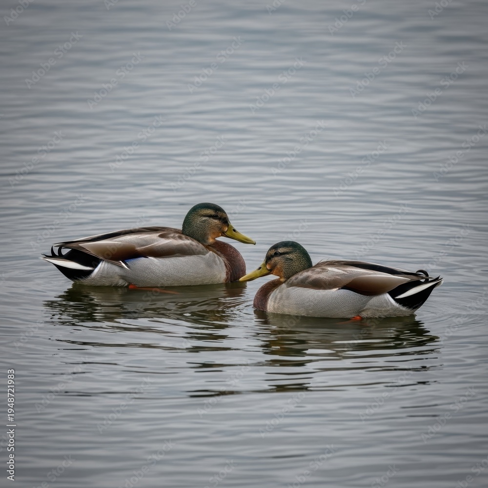 Fototapeta premium Two Mallard Ducks Swimming Peacefully in Calm Water.