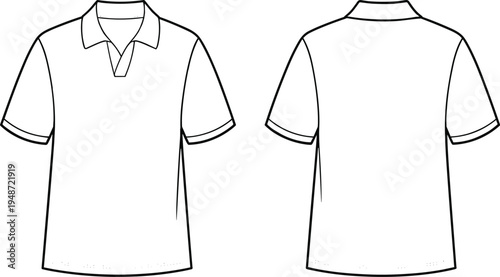 Women polo shirt technical fashion flat sketch with short sleeves and collar neckline, front and back view template
