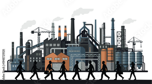 Illustration of business professionals walking in front of a large industrial factory with smokestacks and construction cranes.