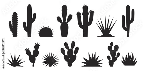 Collection of black silhouettes of various desert cacti and succulents cactus plant