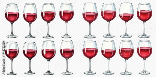 Collection of red wine glasses with varying fill levels on a transparent background.