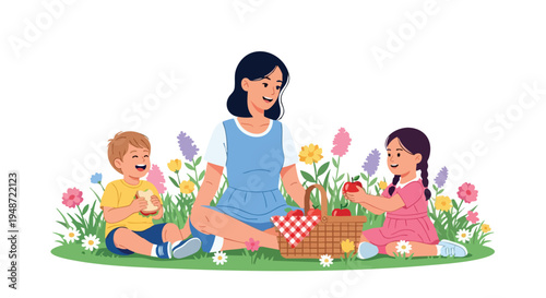 A woman and two children having a picnic on a grassy area with colorful flowers and a wicker basket