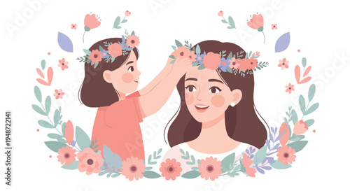 Illustration of a woman placing a floral crown on another woman's head with colorful flowers and leaves in a whimsical flat lay composition against a white background with a playful and
