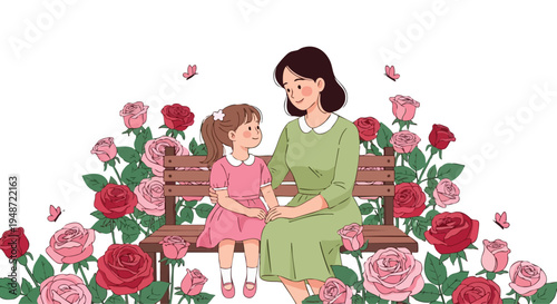 Illustration of a woman and a little girl sitting on a wooden bench surrounded by vibrant pink roses in a garden with a warm and tender mood.