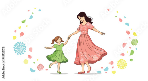 Illustration of a woman and a little girl dancing hand-in-hand surrounded by colorful confetti and flowers on a white background.