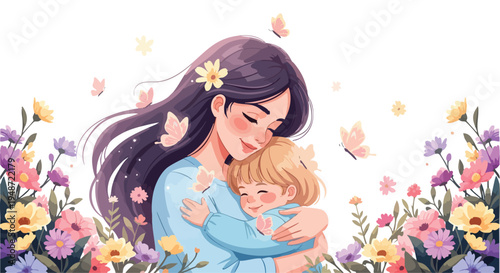 A tender mother hugging her child surrounded by colorful flowers and butterflies on a white background with a warm and loving mood.