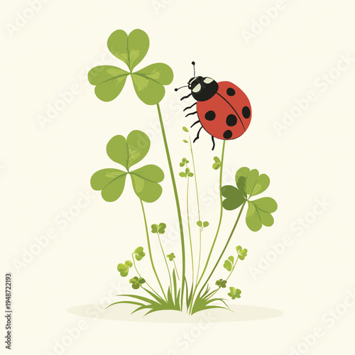 Lucky charm ladybug and four-leaf clover , vector style simple color