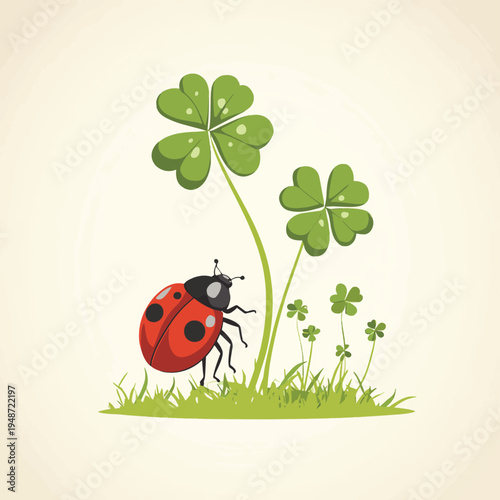Lucky charm ladybug and four-leaf clover , vector style simple color