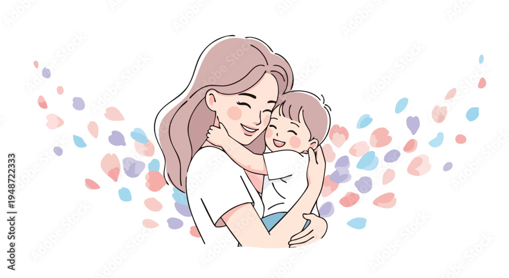 Obraz premium Illustration of a smiling woman hugging a baby against a colorful background of abstract shapes.