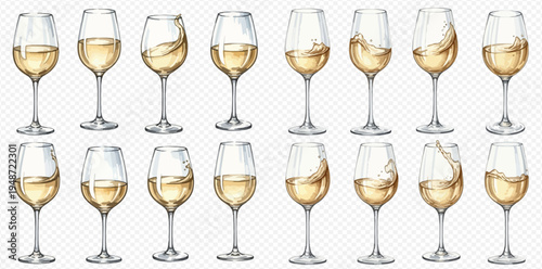 Set of white wine glasses with splashes and waves, realistic vector illustration on transparent background.
