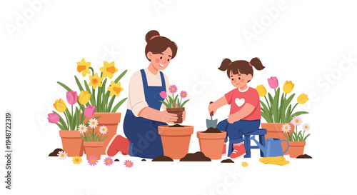 Illustration of a woman and a little girl planting flowers in pots with gardening tools and colorful tulips on a white background.