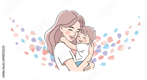 Illustration of a smiling woman hugging a baby against a colorful background of abstract shapes.