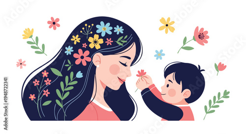 Illustration of a smiling woman with flowers in her hair and a child holding a flower against a white background with colorful floral elements.