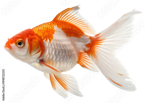Goldfish's underwater realm: A captivating close-up portrait of a vibrant goldfish, showcasing its elegant fins and mesmerizing colors. It floats peacefully.isolated on a Transparent background