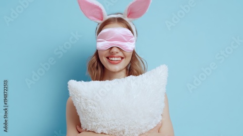 Wallpaper Mural The woman wearing bunny ears and a pink sleep mask hugging a fluffy pillow Torontodigital.ca