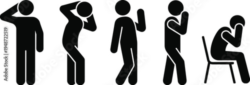 Five black stick figure icons showing different human emotions and poses Keywords: stick figure, person, human, icon, symbol