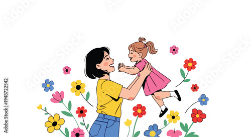 Illustration of a woman lifting a little girl in a field of colorful flowers on a white background with a playful mood.