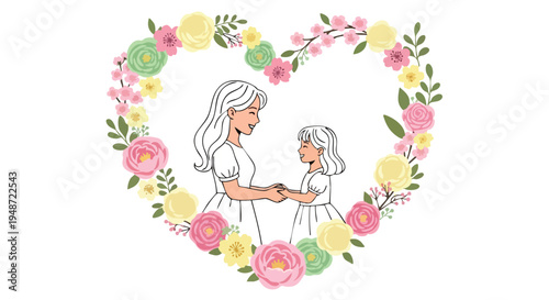 Illustration of a smiling older woman and a young girl holding hands inside a heart-shaped floral wreath with colorful flowers on a white background.