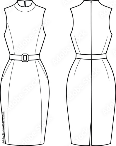 Women sleeveless pencil dress technical fashion flat sketch with belt and high neck, front and back view template