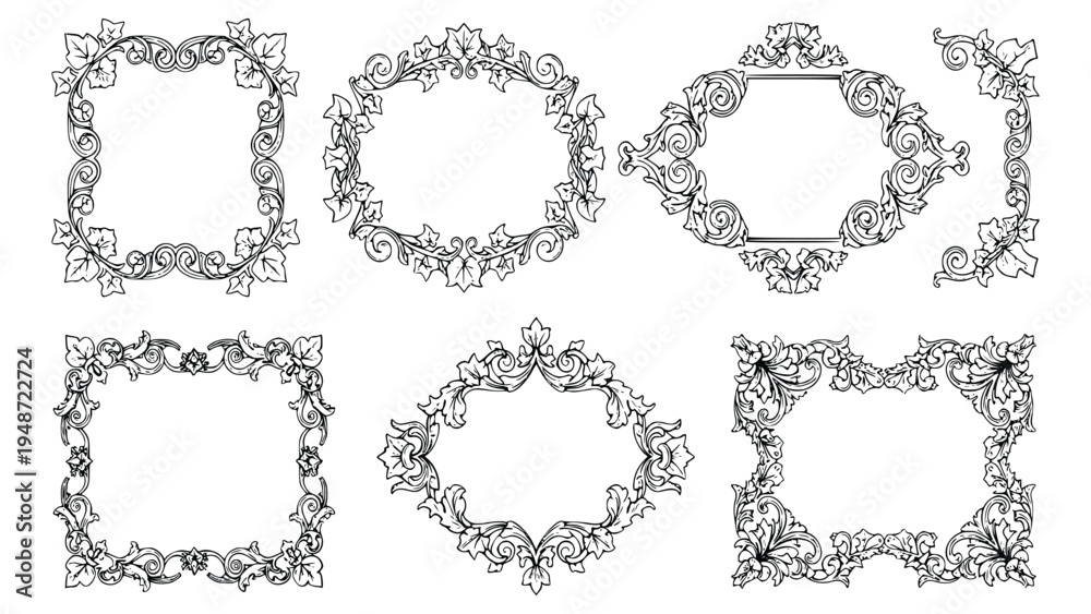 Obraz premium Ornate floral frames with leaves and swirls for decorative border designs