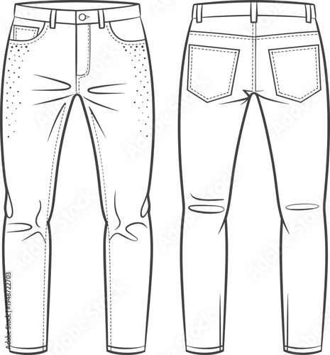 Women distressed skinny jeans technical fashion flat sketch with ripped knee details and five pocket denim, front and back view