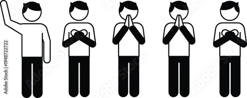 Five black and white stick figure icons showing different poses and gestures Keywords: stick figure, icon, person, human