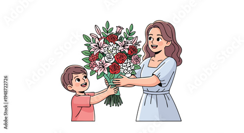 Cartoon illustration of a smiling woman receiving a bouquet of flowers from a happy child against a clean white background with warm tones.
