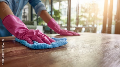 Wallpaper Mural The Wooden Table Being Wiped with Blue Cloth by Person in Pink Gloves Torontodigital.ca