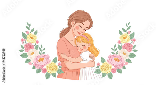 Illustration of a mother hugging a little girl surrounded by colorful flowers with green leaves on a white background.