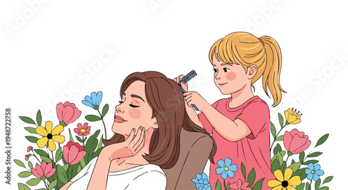 A young girl combing a woman's hair with flowers around them in a colorful flat illustration.