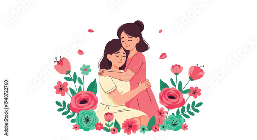 Illustration of a woman hugging a girl surrounded by colorful flowers and leaves on a white background with a warm and loving mood.