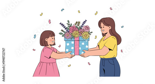 Two young girls exchanging a colorful bouquet of flowers wrapped in blue paper with white polka dots on a plain white background with confetti.