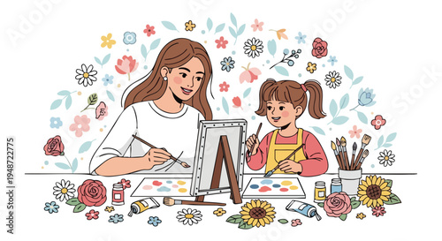 Illustration of a woman and a girl painting together at an easel with art supplies and flowers in a colorful, whimsical setting.