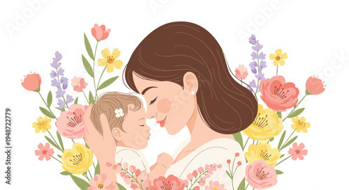 Illustration of a mother and baby face to face among colorful flowers and leaves in a heartwarming scene.