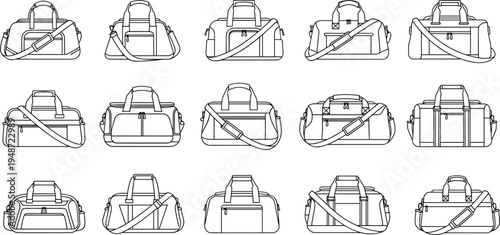 Outline drawings of fifteen different duffel bags and gym bags on white background sports bag travel bag